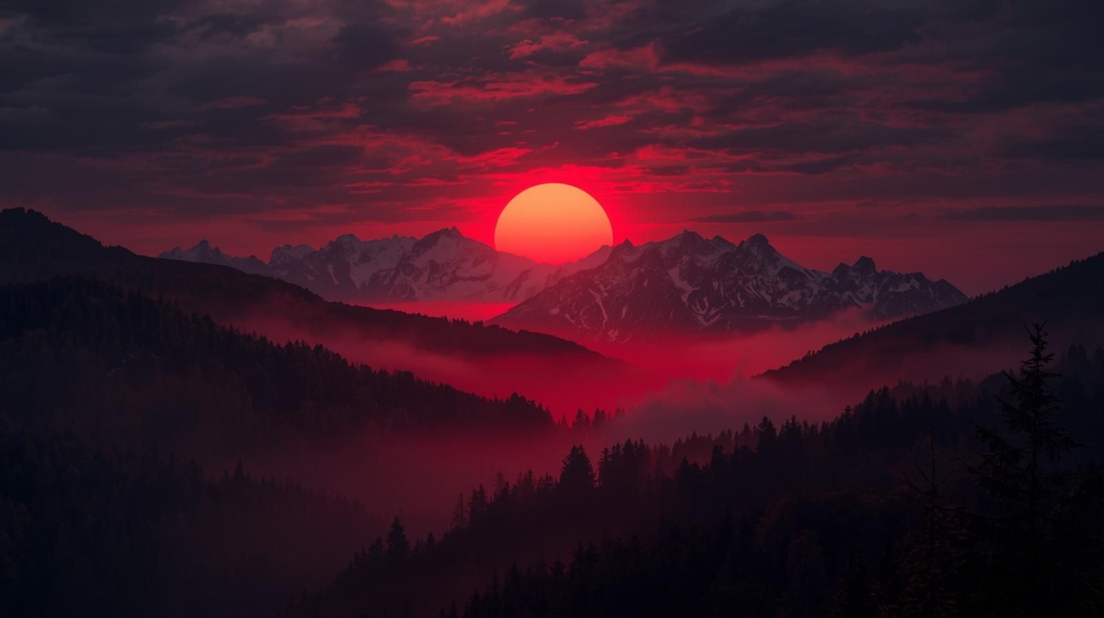 Cinematic Panorama mit verschneiten Alpen und rotem Abendhimmel – symbolisiert die Kraft und Eleganz der StyleMyPrint-Kollektionen. Dunkle, kontrastreiche Komposition mit rot leuchtendem Horizont, inspiriert von urbanem Streetwear-Stil und regionaler Stärke.