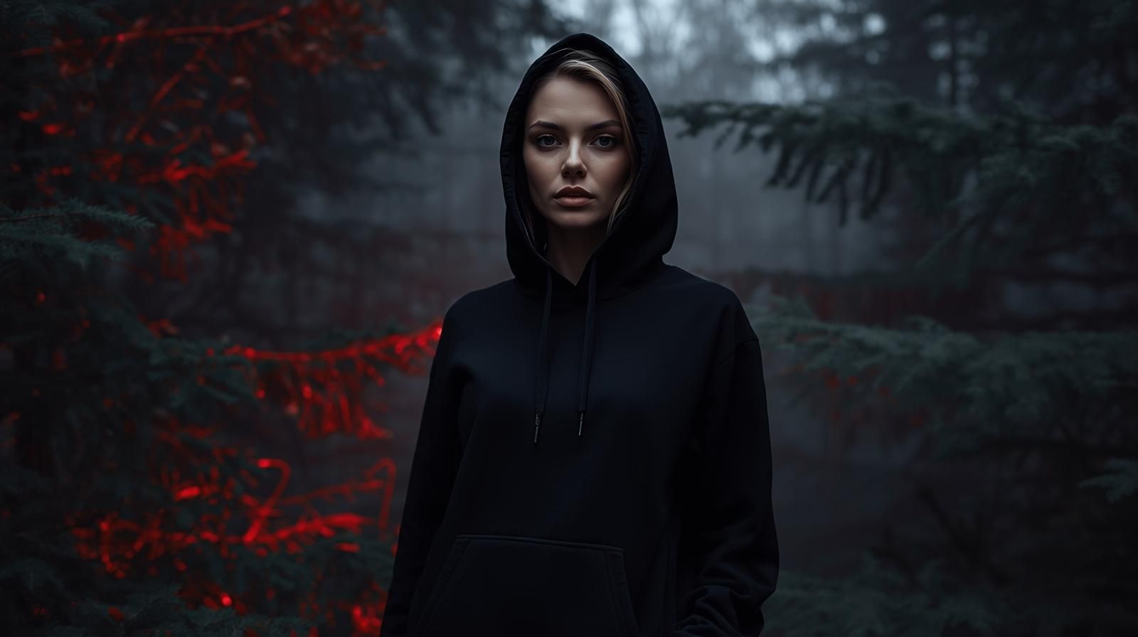 Schwarzwald Kollektion – mystische Streetwear im tiefen Schwarzwald mit rotem Licht und Haltung